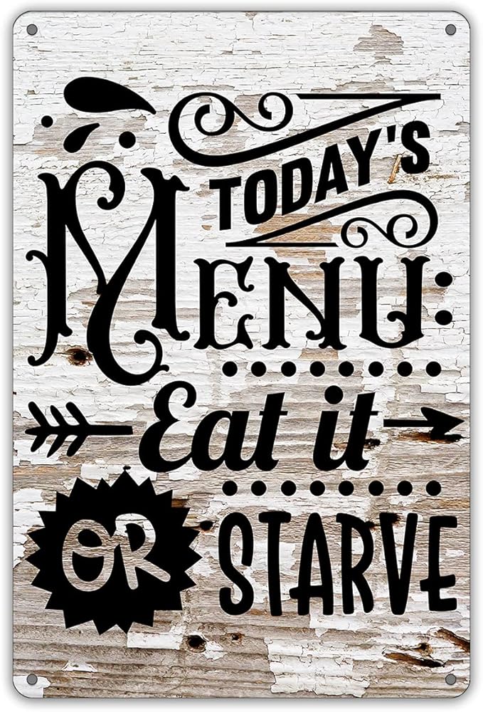 QIONGQI Funny Kitchen Quote Metal Tin Sign Wall Decor Farmhouse Rustic Today's Menu Eat It Or Starve Sign for Home Kitchen Decor Gifts
