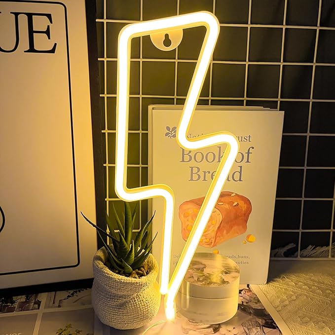 Neon Signs Lightning Bolt Neon Light Sign for Wall Decor, Battery or USB Powered Led Lightning Light Neon Sign for Bedroom, Kids Room, Birthday, Party, Wedding, Home,Kids Decorations Yellow