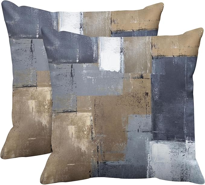 Britimes Throw Pillow Covers Modern Home Art Decor, 16 x 16 Inches Set of 2 Pillow Cases Decorative, Abstract Oil Painting Pillowcases for Bedroom, Living Room, Cushion Couch Sofa, Brown Blue
