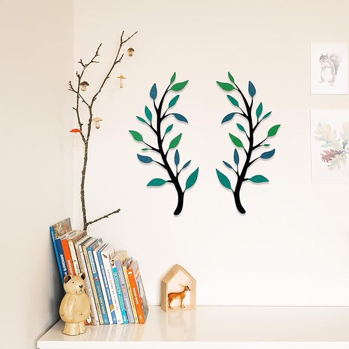Yuzhuo 2 Pieces Metal Tree Leaf Wall Décor Branch Leaf Wall Art for Indoor Outdoor Garden Home Bedroom Living Room Decorations Iron Scroll Sculptures Above the Bed(Dark Green, S)