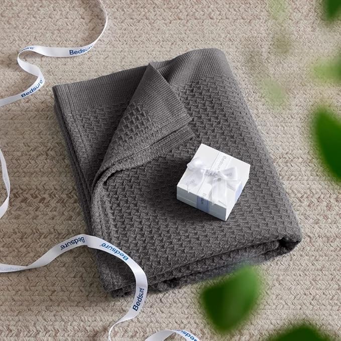 Bedsure Gentlesoft 100% Cotton Blanket King Size for Bed - Cooling Breathable and Soft for Spring Summer, Thick Cozy Waffle Weave Blanket Gifts for Women, Dark Grey, 104x90 inches