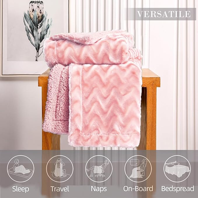 Whale Flotilla Faux Fur Sherpa Twin Size Blanket for Bed, Cozy Reversible Fuzzy Fluffy Plush Blankets for All Season, Warm and Soft, 60x80 Inch, Pink