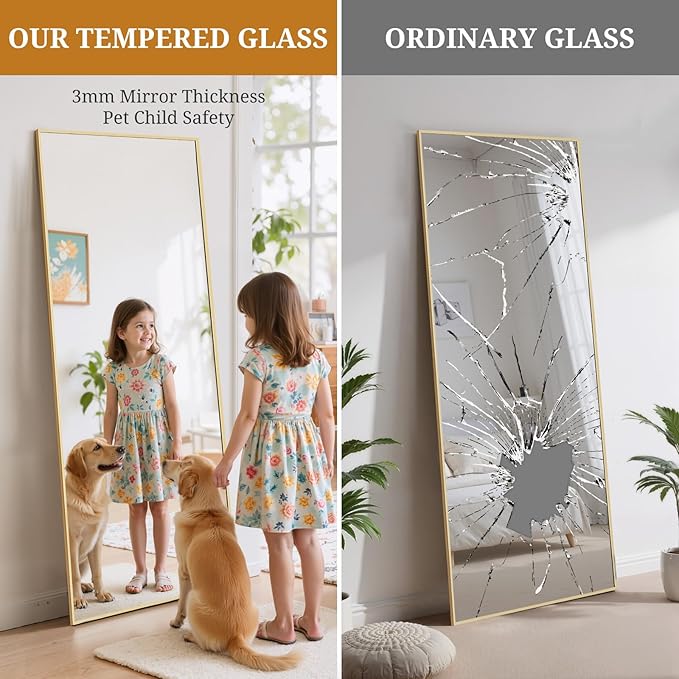 Full Length Mirror 64"x21" Full Body Mirror Rectangle Free Standing Wall Mounted Leaning Floor Mirrors with Stand Aluminum Alloy Frame for Bedroom Cloakroom, Gold