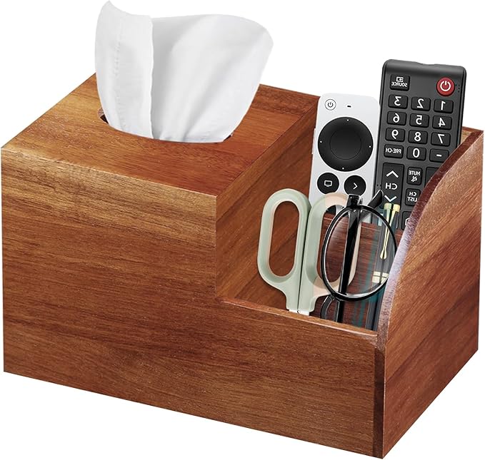 Wood Tissue Box Cover Square wiht Storage, Acacia Tissues Box Holder, Decorative Cube Tissues Box Organizer with Remote Control Holder for Bathroom, Nightstand, Modern Farmhouse Decor