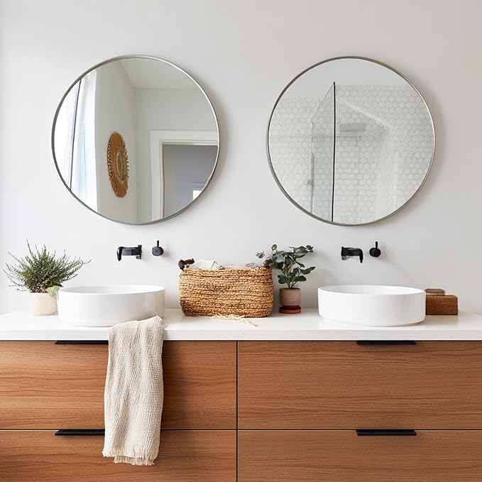 Silver Round Mirror 24 inch, 2 Pack Silver Circle Mirror, Round Bathroom Mirrors Metal Frame for Bathroom, Bedroom, Living Room, Hallway.