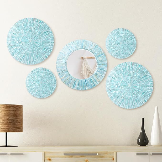 Wesiti 5 Pcs Gifts Natural Mother of Pearl Mirror Wall Decor Christmas Housewarming Gift Handmade Coastal Wall Plates Art Hanging Art for Bedroom Bathroom Decoration