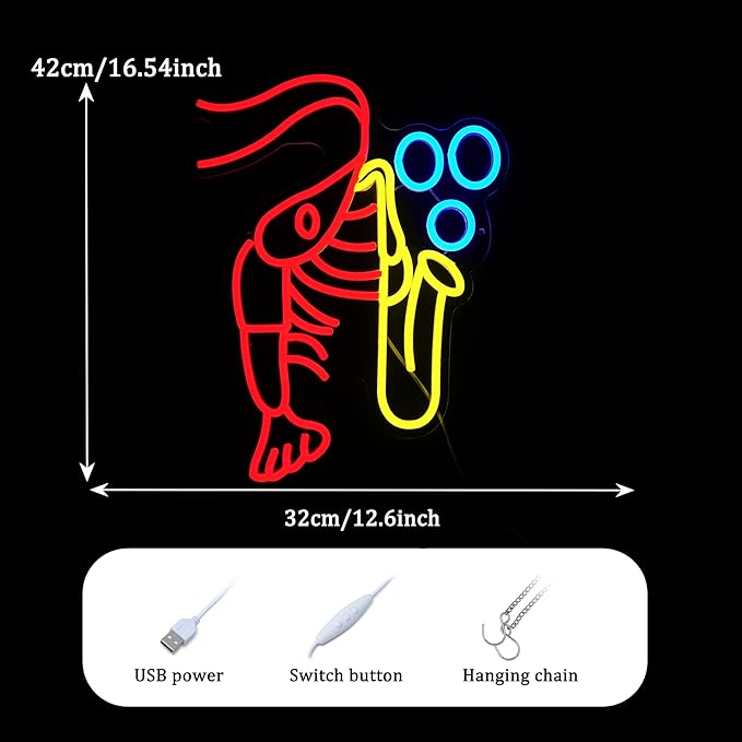 Lobster Saxophone Neon Sign for Wall Decor Jazz Music Neon Light Sign Vintage Jazz Shrimp LED Light Sign for Classroom Office Party Bedroom Man Cave Decor