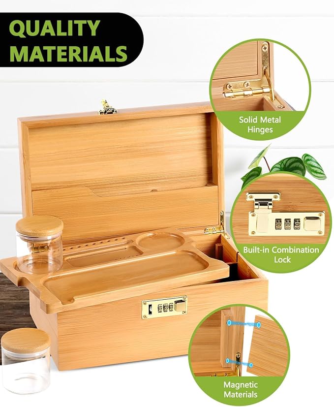 OZCHIN Large Bamboo Box with Combination Lock Decorative box for Home Great Gift Choice Storage Lockbox with Storage Jar, Gifts for Men Women (Brown, 12 x 7.6 x 5.1)