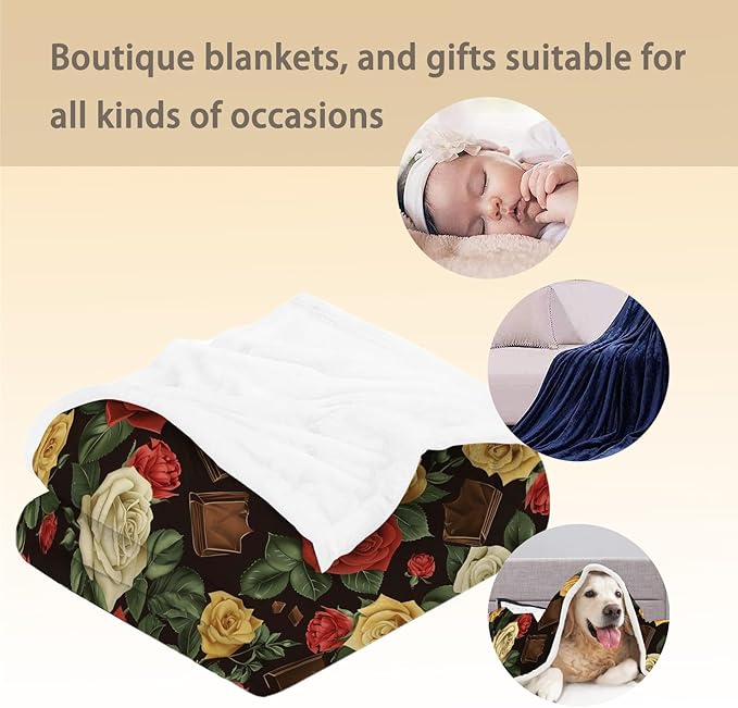 Rose & Chocolate Blanket | Soft Warm Fuzzy Lightweight Flannel Throw Blanket Perfect for Couch, Bed, Travel & Outdoor Use, Cozy Blankets for Adults Women Girls 50×40 in