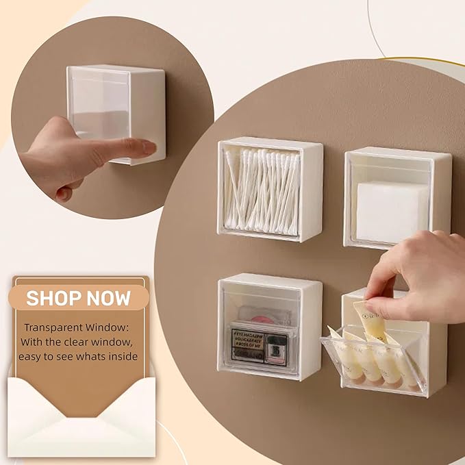 Qtip Holder Wall Mount for Cotton Swabs, Balls, Pads, Hair Ties,Floss Picks- Small Plastic Bathroom Wall Organizers and Storage Set,Bedside Shelf,Home Decor,Dorm Room Essentials (4)