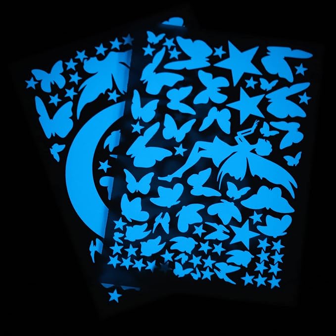 Fantasy Fairy Wall Decal Sticker Glow in The Dark, Girl Bedroom Moon Butterfly Luminous Decoration, Peel and Stick Star Decor for Ceiling