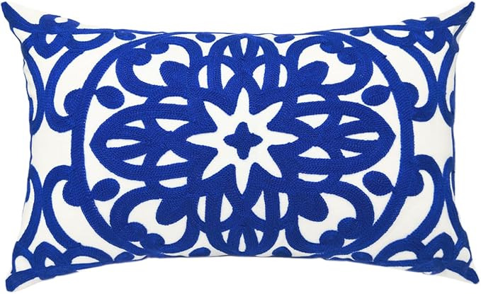 Alysheer Embroidered Lumbar Decorative Throw Pillow Cover 12"x 20", Classic Boho Mandala Embroidery Pattern Cotton Rectangular Cushion Case for Sofa Couch Living Room Bedroom (Royal Blue)