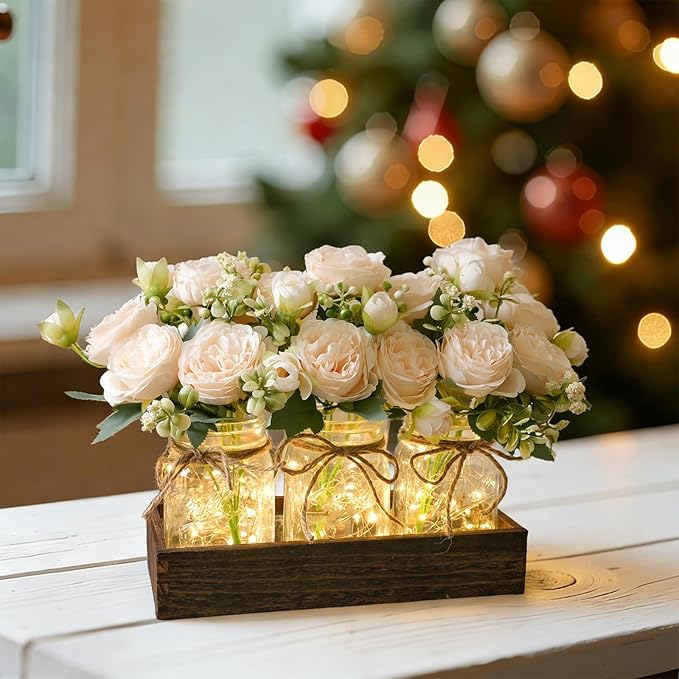 LUEUR Mason Jar Lights Centerpiece with Farmhouse Wood Tray – 3 Jars with Champagne Peony Spring Flowers, Rustic Spring & Wedding Decoration for Dining Table, Coffee Table, Kitchen & Living Room