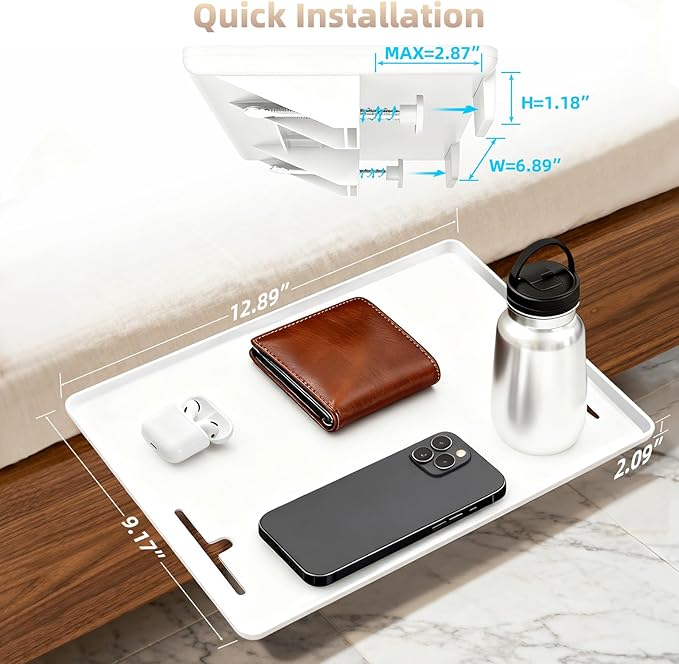 Bedside Shelf Dorm Bunk Bed, Bedside Caddy Shelf Dorm Bed, No Drill College Nightstand Organizer for Personal Items Books Glasses Apartment Bedroom Compact Space Solution Small+White