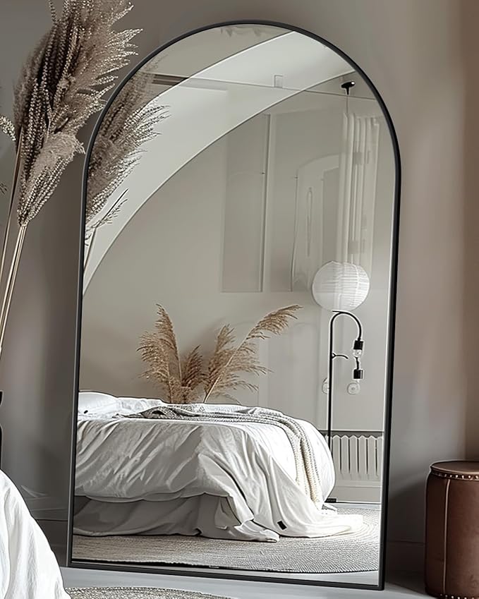 Antok Full Length Mirror, 76"x44" Floor Mirror with Stand, Hanging Mounted Mirrors for Bedroom, Living Room, Cloakroom, Dining Room, Black, Arched