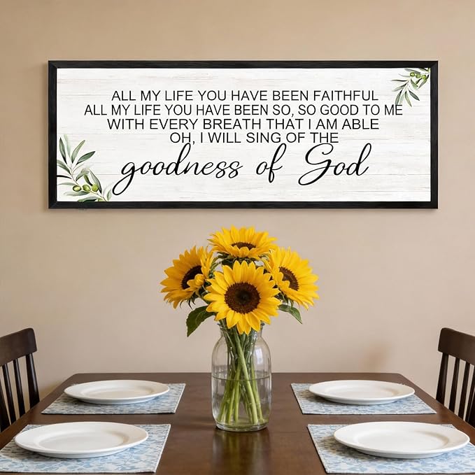 Goodness of God Christian Wall Decor: 40x15 Inch Large Framed Christian Inspirational Wall Art, Religious Scripture Quote Wooden Sign, Black Frame Christian Home Decor for Living Room Bedroom, Black