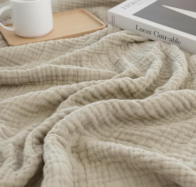 KyraHome 100% Organic Cotton Muslin Blankets for Adults, Kids, Large 60“x80 Plant Dyed Breathable Lightweight Gauze Soft Cotton Throw Blanket for Couch, All Season, Oatmeal Khaki