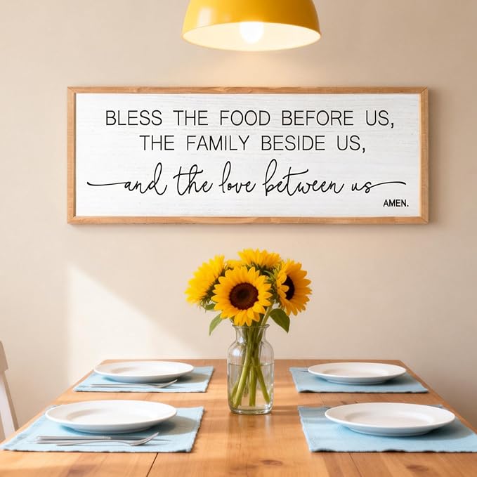 Bless the Food Before Us, the Family Beside Us, and the Love between us Framed Wall Art for Dining Room, 40''×15'' Rustic Holy Positive Religious Bible Verse for Christian God Jesus Christ Prayer