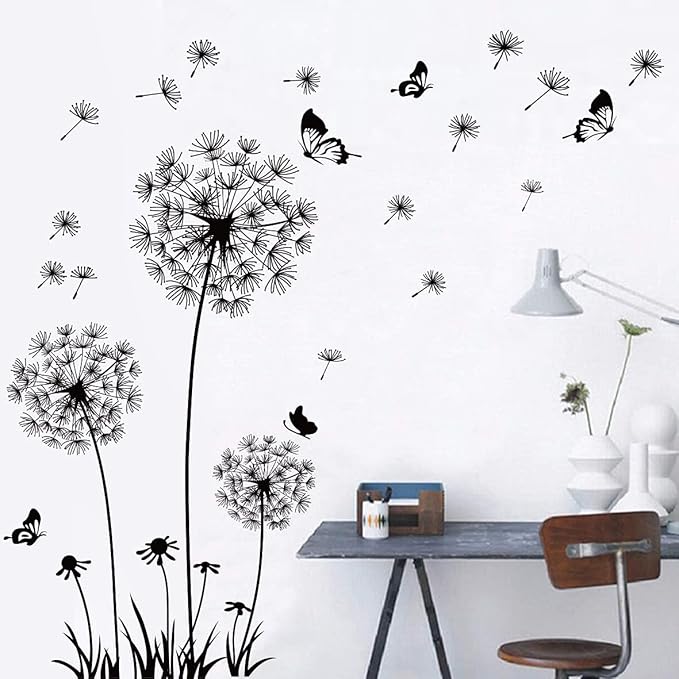 Runtoo Black Dandelion Wall Art Stickers - Large Flower Butterfly Wall Decals for Bedroom & Living Room