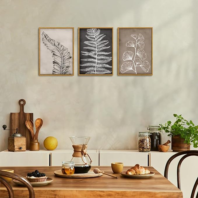 Wodkwq 3 Piece Black Beige Vintage Botanical Canvas Wall Art Framed,Modern Natural Leaves Wall Decor,Minimalist Floral Wall Painting, Abstract Leaf Art Print for Living Room,Bedroom,Office 12x16in