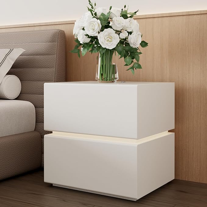 Nightstand with 2 Drawer, Bedside Table with Microfibre Leather, Fashion Night Stand for Bedroom, No Assembly Required (White, 2 Drawers with Light)