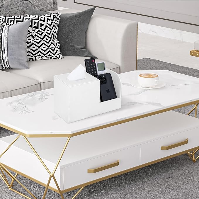 PU Leather Tissue Box Cover with Remote Control Holder, Square Tissue Box Holder for Living Room Bathroom Office (Cream-White)