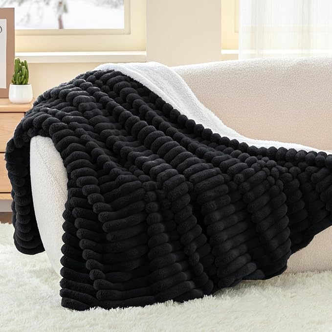 INFIIXSO Sherpa Throw Blanket for Couch - Super Soft & Warm Striped Fleece Blanket, Cozy Plush Fluffy Blanket All Season Use (Black, 60x80 Inches)