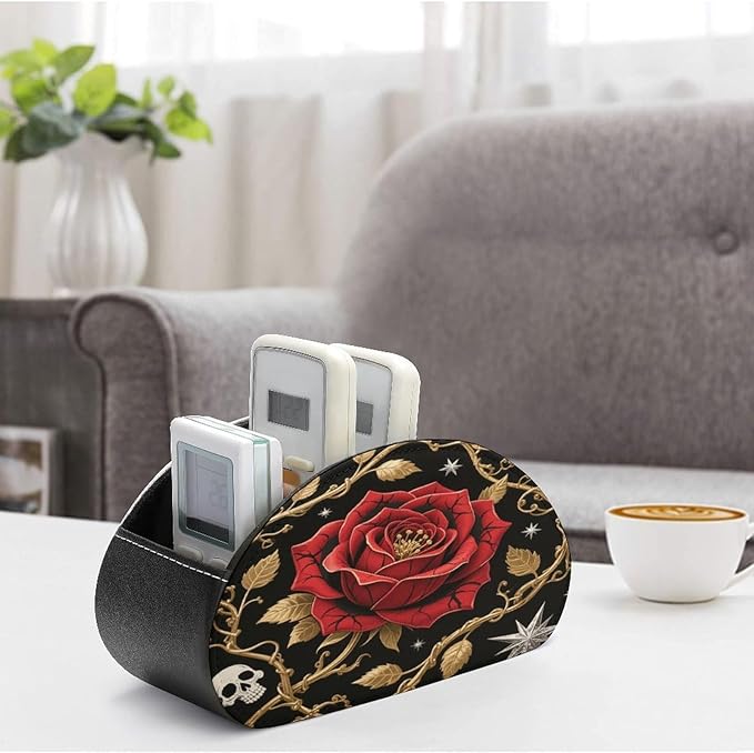 Peel And Stick Gothic Remote Control Holder Organizer Box with 5 Compartment PU Leather Bedside Storage Caddy Remote Organizer for Controller Media Player Pen/Pencil Storage
