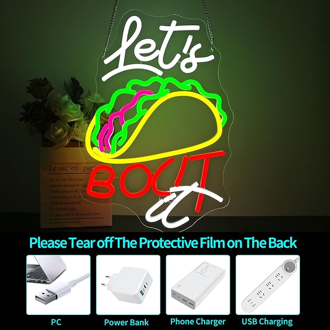 Neon Sign, HSJNJKFU Let's Bocit It, Tacos Food Neon Signs for Wall Decor Light Sign for Kitchen, Shop, Restaurant, Cafe, Bar LED Signs for Man Cave Room Decor - USB Powered