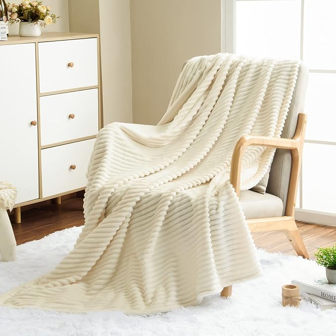 Vessia Flannel Fleece Throw Blanket for Couch, Sofa, Bed, 300GSM Microfiber Cream Striped Chair Blanket, Super Soft Warm Cozy Lightweight Ribbed Throw for All-Season
