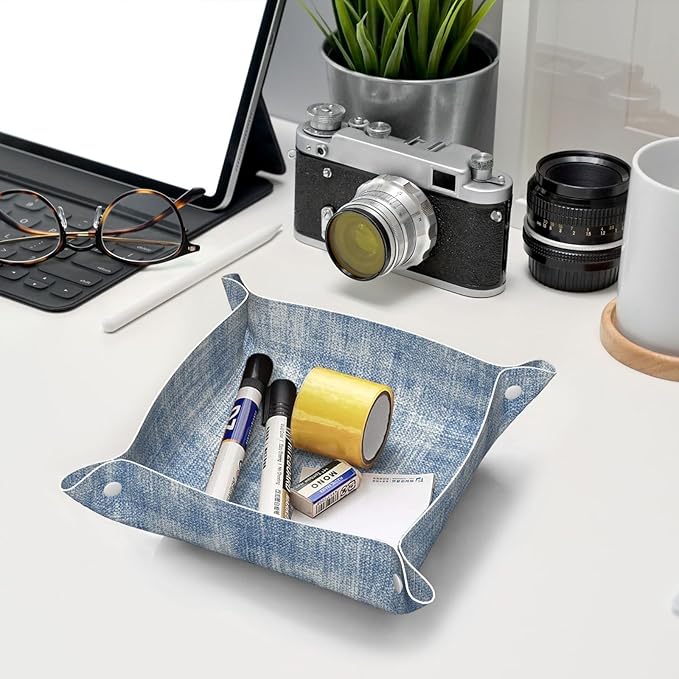 Washed Denim Fabric Texture Beige Blue Valet Tray Leather Desktop Storage Organizer Bedside for Jewelry Keys Coin Sundries