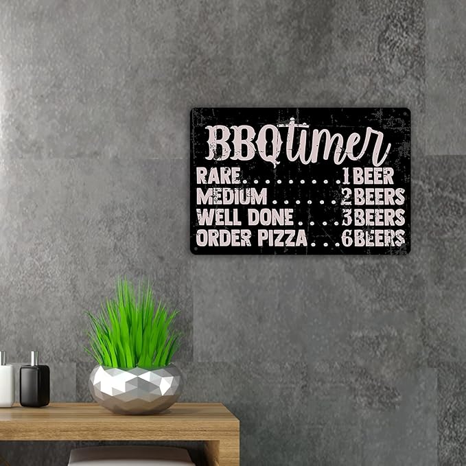 QIONGQI Funny BBQ Timer Quote Metal Tin Sign Wall Decor Retro BBQ Signs with Sayings for Home Kitchen Restaurant Caf?Decor Gifts