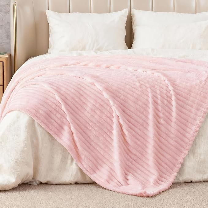 Nookly Pink Twin Size Fleece Blanket, Soft Lightweight Ribbed Plush Bed Blanket, Cozy All-Season Striped Fleece Twin Throw for Bedroom and Home, 60x80 Inches