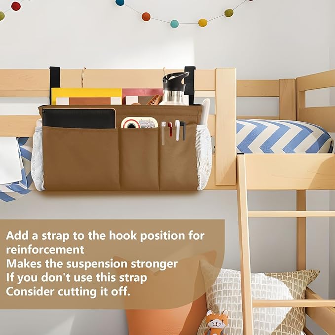 DOMIKING Brown Bedside Caddy for Dorm Bed Recliner Armrest Organizer with Hooks Haning Storage Bags for Rails Headboards Bunk Bed