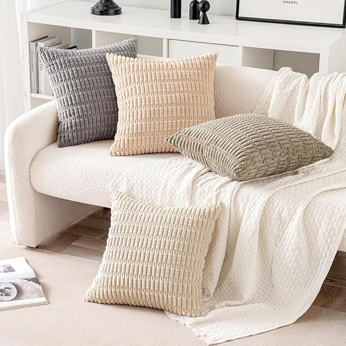 MIULEE Pack of 4 Neutral Corduroy Decorative Throw Pillow Covers 16x16 Inch for Sofa Living Room Couch Bed Rustic Farmhouse Boho Soft Striped Pillow Covers Home Decor Beige and Brown