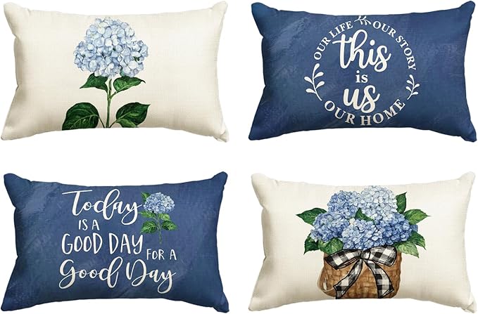 AVOIN colorlife Blue Hydrangea Spring Summer Throw Pillow Covers, 12 x 20 Inch Today is A Good Day Dark Blue Cushion Case Decoration for Sofa Couch Set of 4, Bule