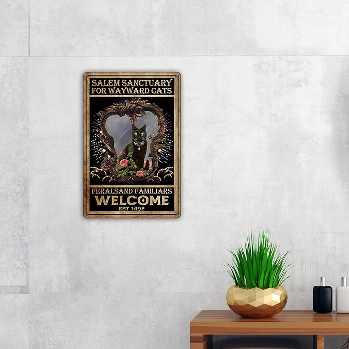 QIONGQI Vintage Witch Cat Metal Tin Sign Wall Decor Retro Black Cat Witchy Art Signs for Home Decor Gifts