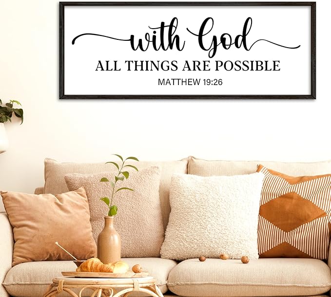 YWMZYKJGS With God All Things Are Possible Sign Wall Decor 40"×15" Matthew 19:26 Bible Verse Jesus Religious Christian Scripture Prayer Large Wooden Framed Wall Hanging Art (Black)