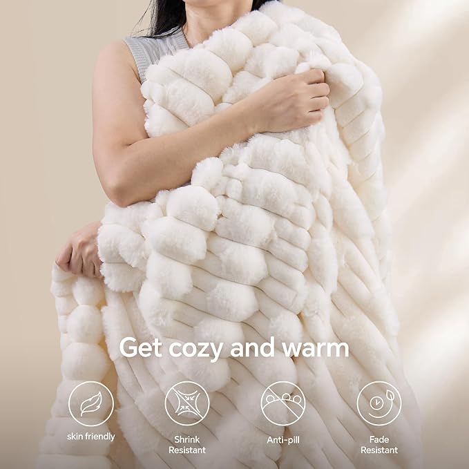 BEDELITE Faux Fur Twin Blanket for Couch - Super Soft & Cozy Plush Striped Blanket for Sofa and Room Decor, Luxury Fluffy All-Season Blankets Gift for Women, Men, Mom, Dad, 60x80 inch, Cream