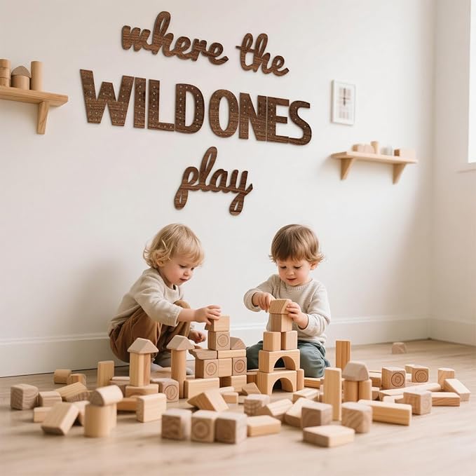 Where the Wild Ones Play Nursery Sign Wooden Playroom Wall Decor Playroom Decoration Word Play Room Sign for Wall Plaques(23 Inch,Brown)