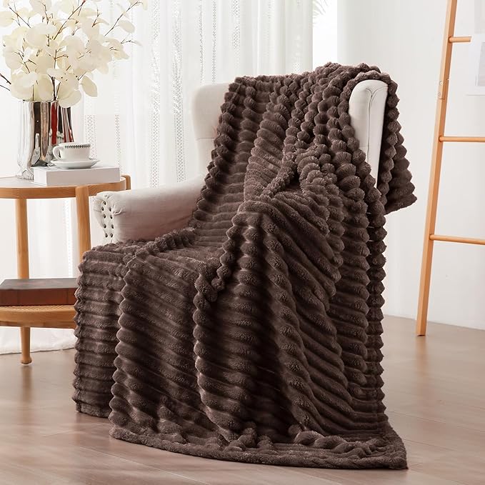Vessia Flannel Fleece Brown Twin Blanket(60x80inch), 300GSM Striped Blanket for Adults and Kids, Super Soft Warm Cozy Lightweight Home Decor for All-Season