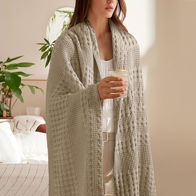PHF 100% Cotton Waffle Weave Throw Blanket, Soft Lightweight Breathable Cozy Throws for Couch Bed Sofa, Luxury Aesthetic Blanket Gift for Home Decor & Office, 50"x60", Taupe