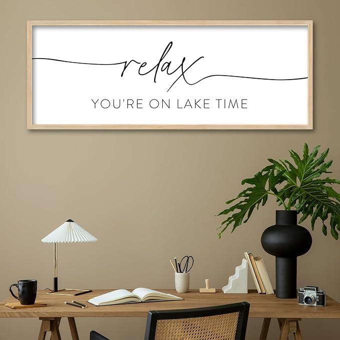 SRSZHIYUE Relax You're On Lake Time Wall Decor Above Bed Sign 32"×12" for Lake House Bedroom Over Bed Large Vintage Wood Framed Farmhouse Lake Lover Home Hanging Art (Wood)