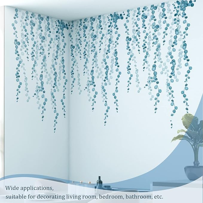 Blue Hanging String of Pearls Succulents Vine Wall Decals Peel and Stick, Large Plants Leaf Vinyl Wall Stickers, Removable Home Decor Art for Bedroom Living Room Classroom Office