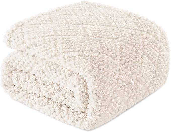 Whale Flotilla Fuzzy Fleece Throw Blanket for Couch, Bed, Soft Fluffy Jacquard Waffle Blankets for All Season, Lightweight and Warm, 50x60 Inch, Ivory