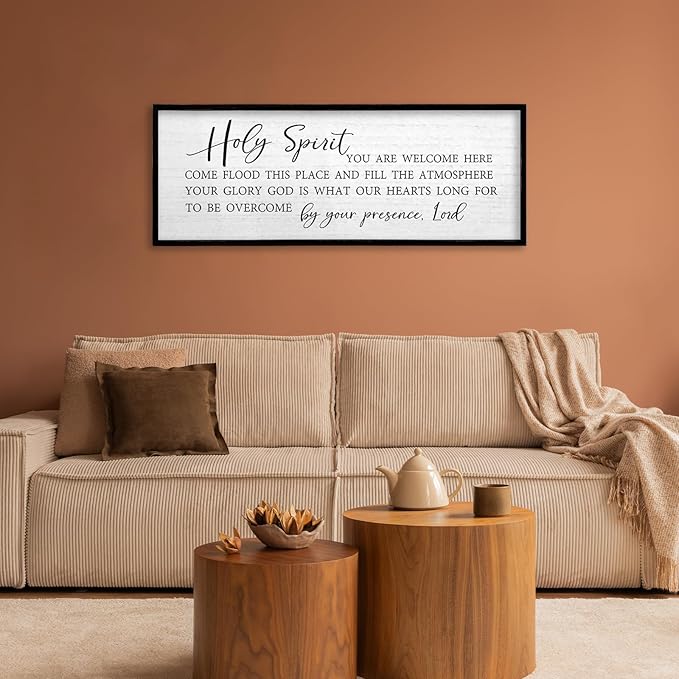 TQianJiang Christian Wall Art Holy Spirit You are Welcome Here Sign Religious Inspirational Quotes Decor 32"×12" Bible Verse Plaque Scripture Living Room Prayer Catholic Wall Hanging (Black)