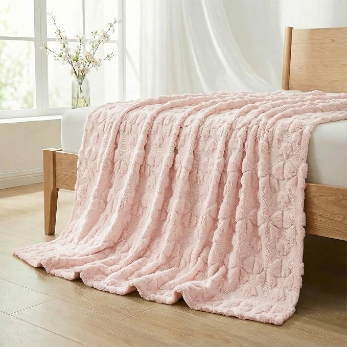 Horaldaily Valentine Bow Blanket Throw, Pink Bow Soft Fuzzy Plush Faux Fur Cozy Blankets for Couch Sofa Bed Lounging, Ideal Gifts for Kids Adults Wife Self, 60x80