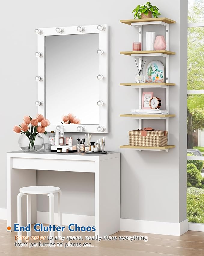 White and Natural Tiered Wall Shelf Unit, 5 Tier Display Floating Shelves, Deep Hanging Wall Shelving Unit for Living Room Plants TV, Bedroom Books, Office Décor (White and Natural Wood)