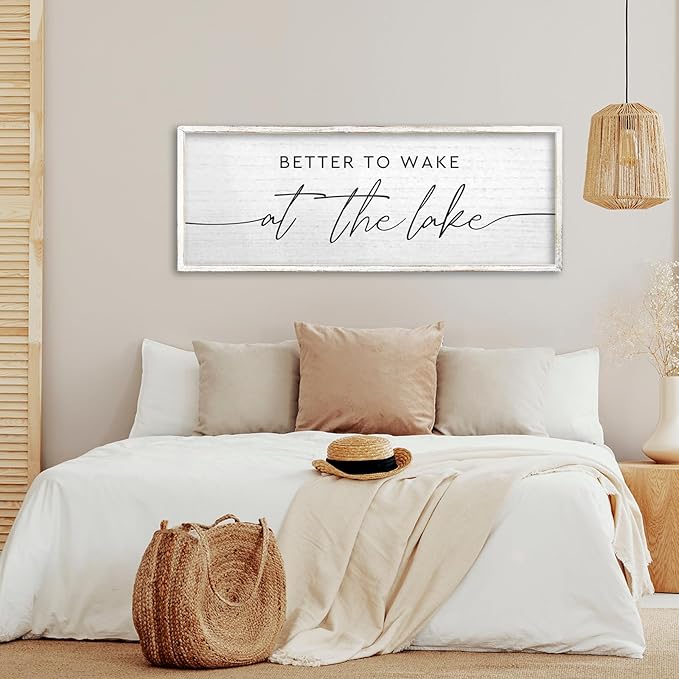 TQianJiang Lake House Decor Better To Wake At The Lake Sign 32"×12" for Bedroom Above Over Bed Large Country Home Cabin Farmhouse Rustic Quote Wood Framed Wall Hanging Art (White)