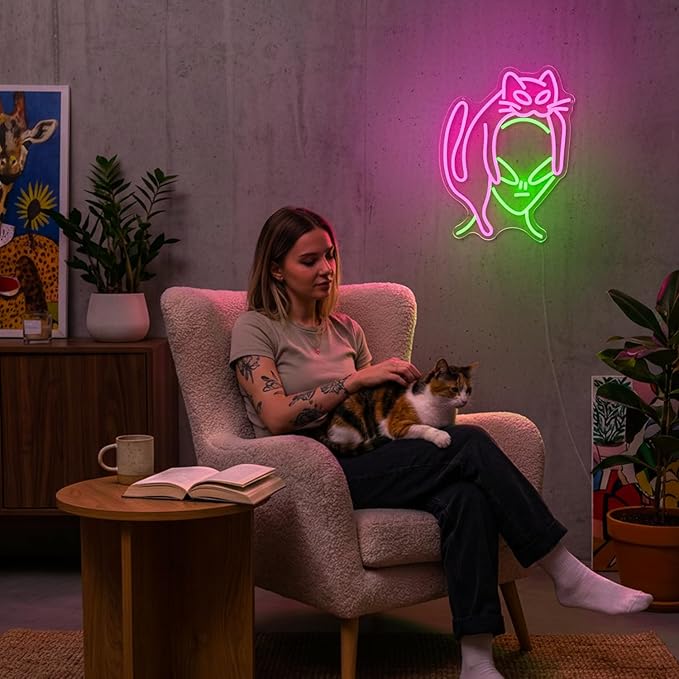 Alien Cat Neon Sign,Dimmable LED Neon Signs for Wall Decor,USB Powered Alien Neon Light for Bedroom, Game Room, Bar,Aesthetic Alien Cat Lover Decor